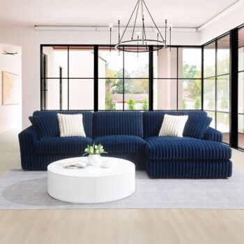 Breton Blue Corduroy Sectional Sofa with 4 Pillows