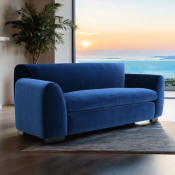 Severo Loveseat in Royal Blue Velvet (FM61005BL-LV) by Furniture of America features luxurious velvet upholstery, bench-style seating with high-density foam and Trillum filling, an espresso wood frame, and OEKO TEX certified materials for safe, stylish comfort.